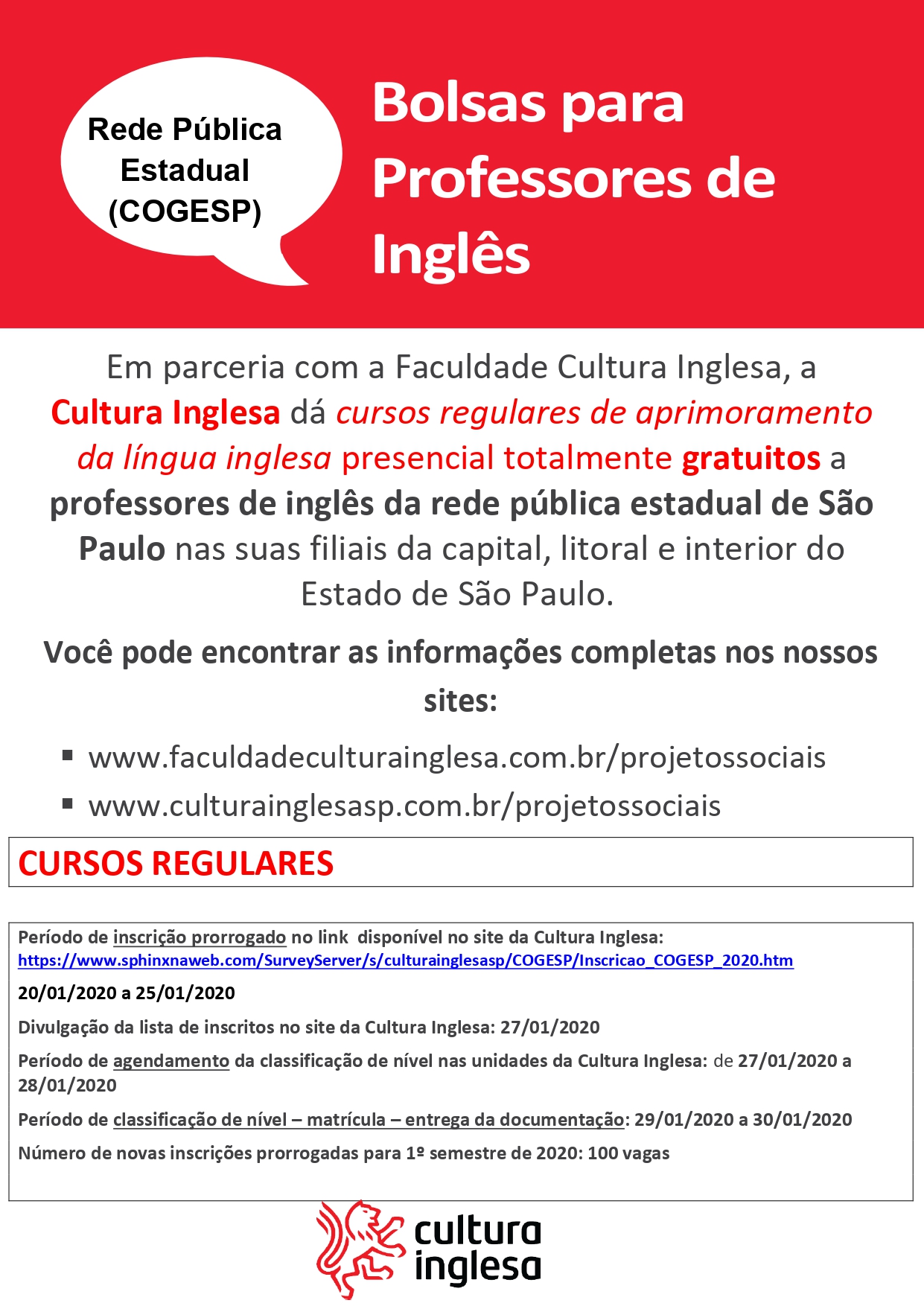 22-01-2020 – Abertura de novas turmas do Programa Social de Formação  Continuada de Professores de Língua Inglesa para a capital, o litoral e o  interior do Estado de São Paulo – Diretoria
