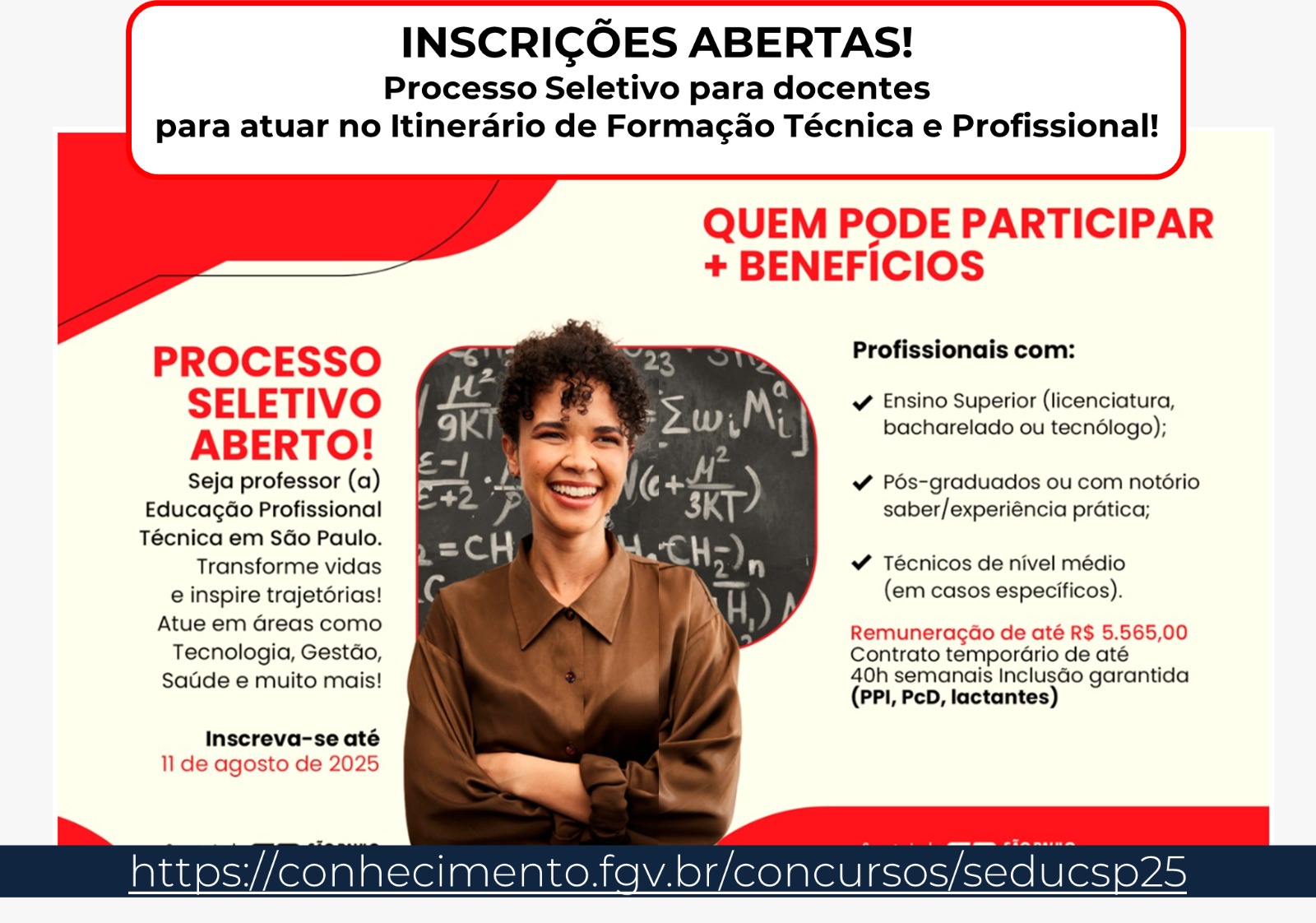 Banner do Concurso Público para Professor de Ensino Fundamental e Médio da SEDUC-SP.