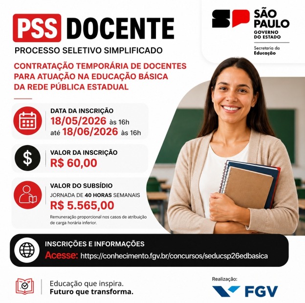 PSS Docente 2026 - Processo Seletivo Simplificado para contratação temporária de docentes da Rede Pública Estadual